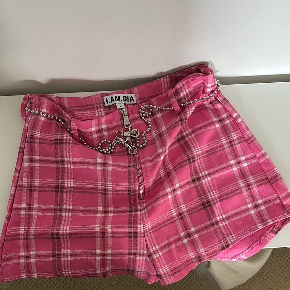 I.AM.GIA Pink Checkered Shorts with Chain Accent